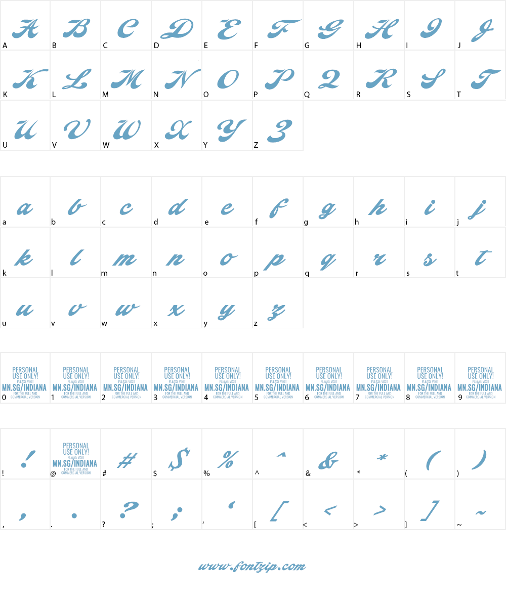 Indiana Script PERSONAL USE Font Character