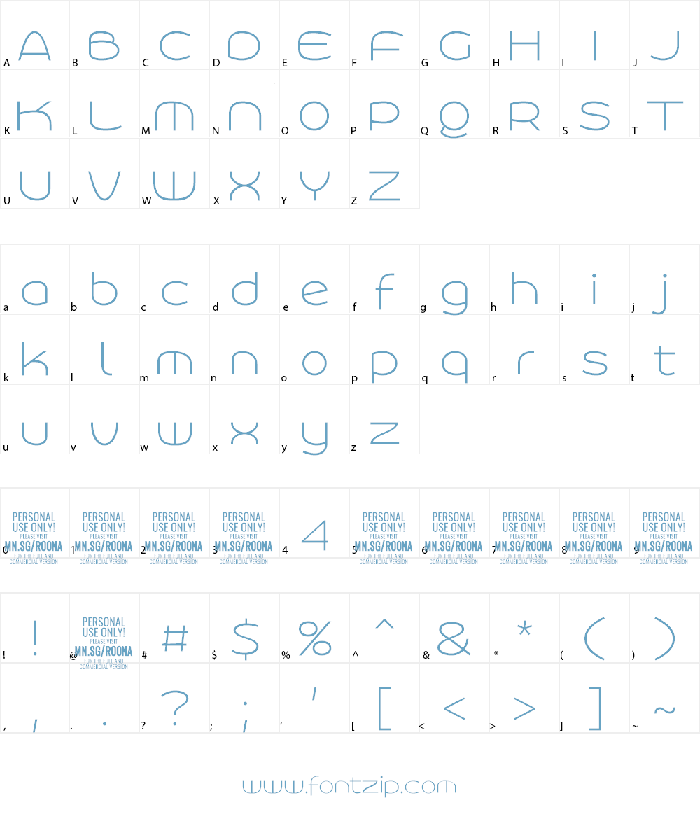Roona Sans Thin PERSONAL Font Character