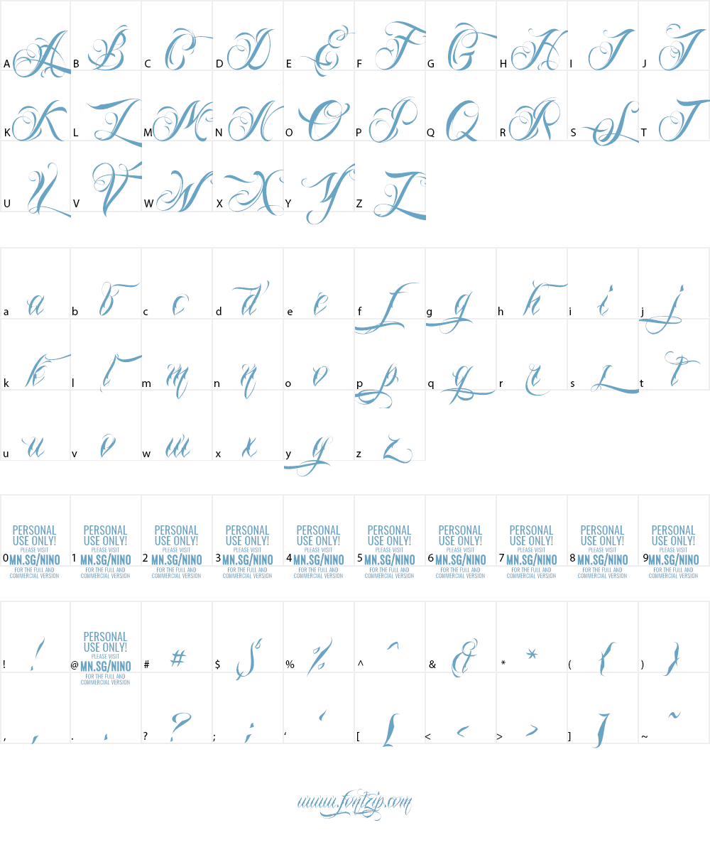 Nino Script PERSONAL USE ONLY Font Character