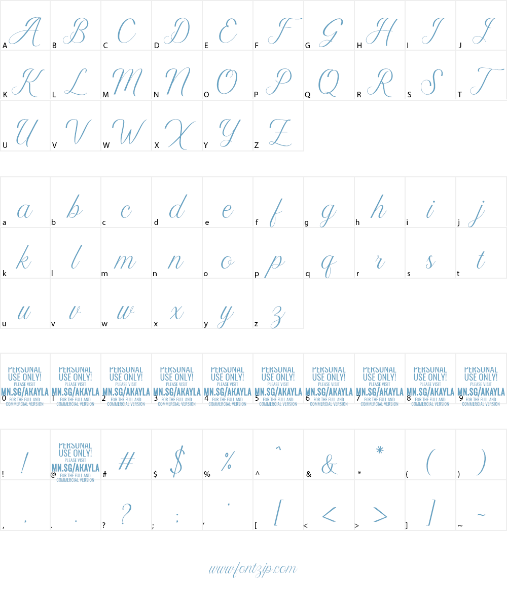 Akayla Script PERSONAL USE Font Character
